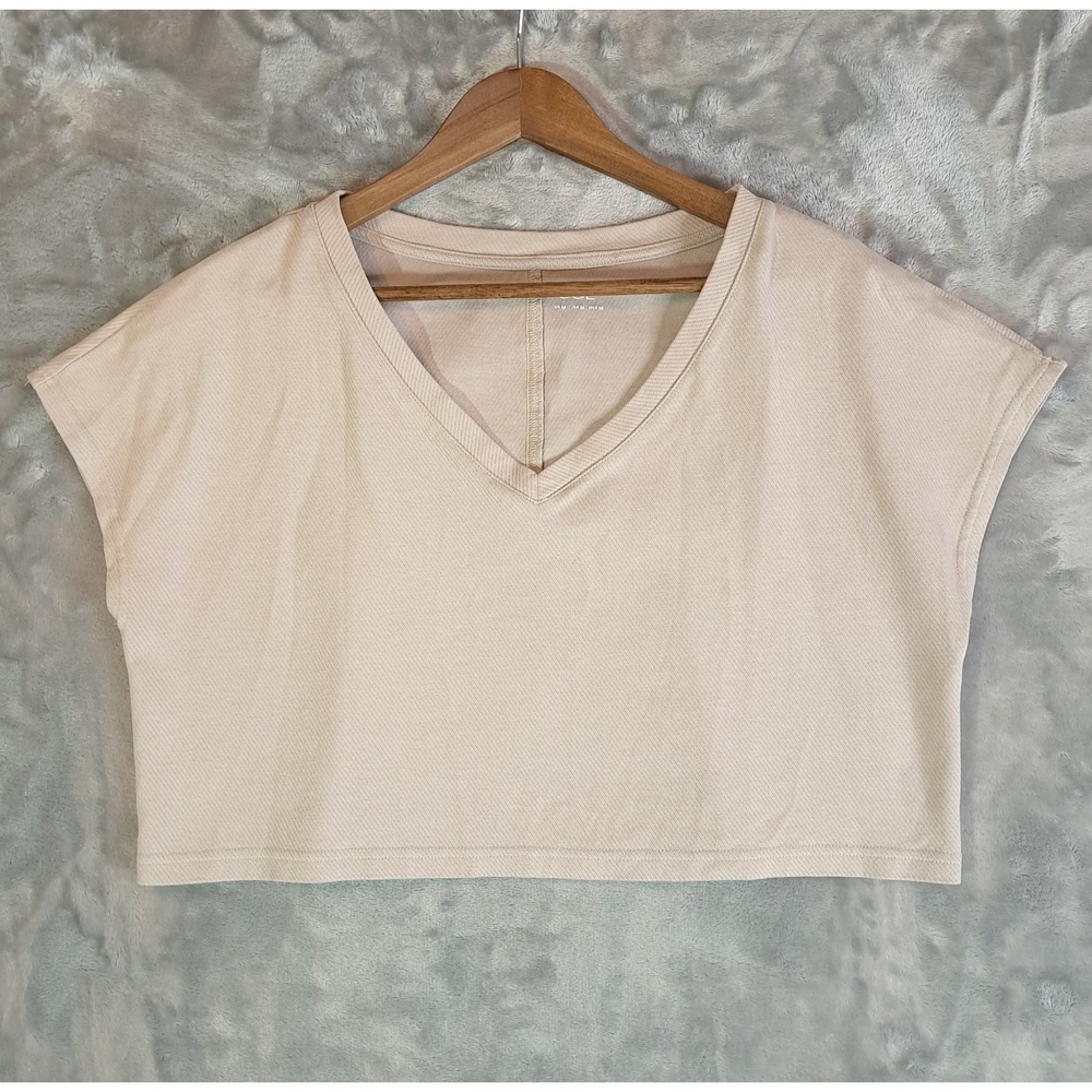OGL Cropped V-Neck T-Shirt Women's Size Medium Sand Beige Drop Shoulder Knit